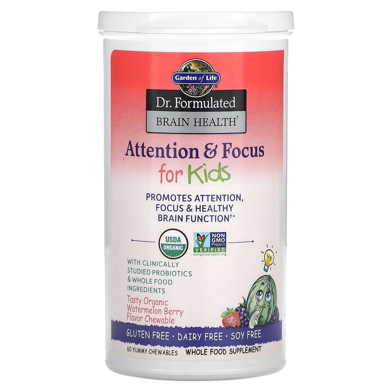 Garden of Life, Dr. Formulated Brain Health, внимание и концентрация для детей, вкус арбуза и ягод, 60 вкусных жевательных таблеток
