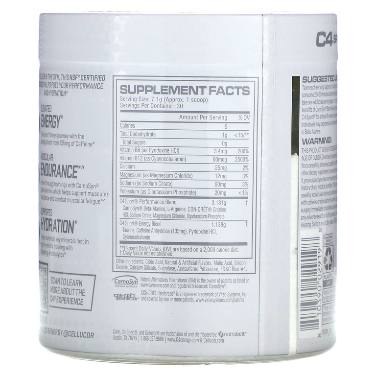 C4 / Cellucor, C4 Sport, предтренировочный, голубая малина,  213 г (7.5 унций)