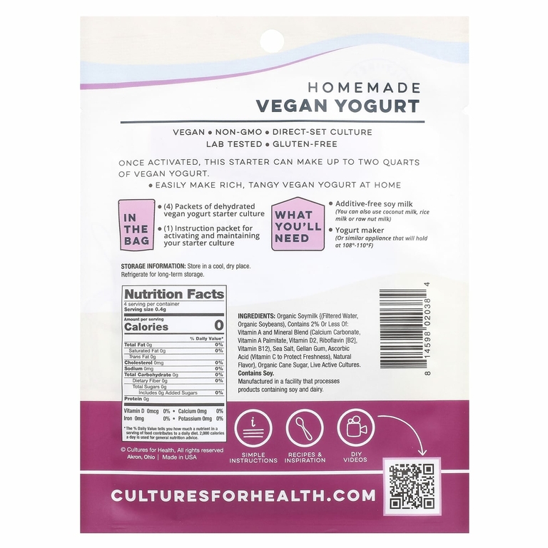 Cultures for Health, Веганский йогурт, 4 пакетика, 1,6 г (0,06 унции)