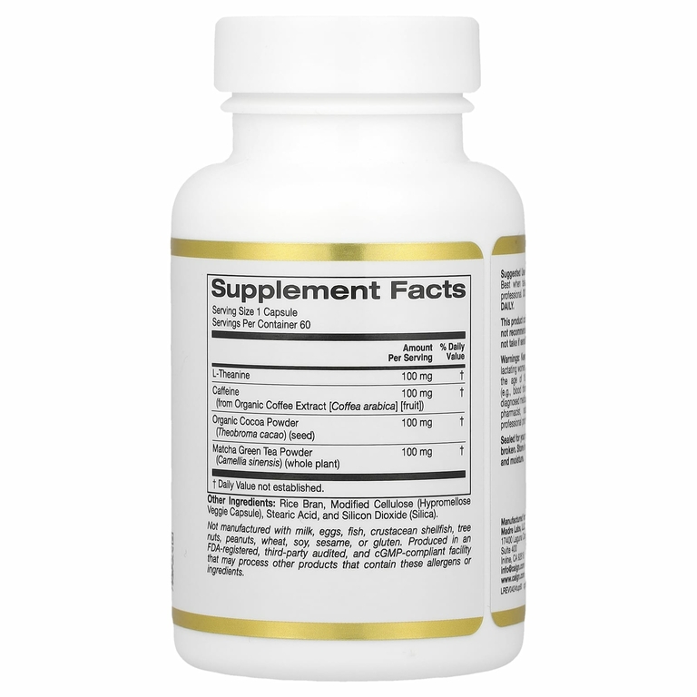 California Gold Nutrition, TheanineUP™, L-теанин, кофеин, какао и матча, 60 растительных капсул