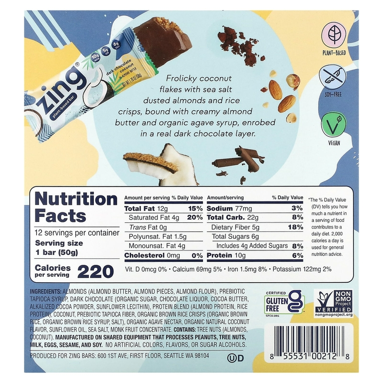 Zing Bars, Plant-Based Bar, темный шоколад с кокосом в миндальной пасте, 12 батончиков по 50 г (1,76 унции)
