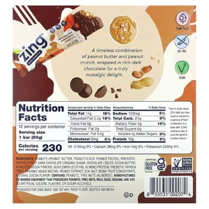 Zing Bars, растительный батончик, темный шоколад с арахисовой пастой, 12 батончиков по 50 г (1,76 унции)