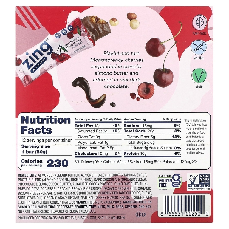 Zing Bars, Plant-Based Bar, темный шоколад, вишня и миндаль в миндальной пасте, 12 батончиков по 50 г (1,76 унции)
