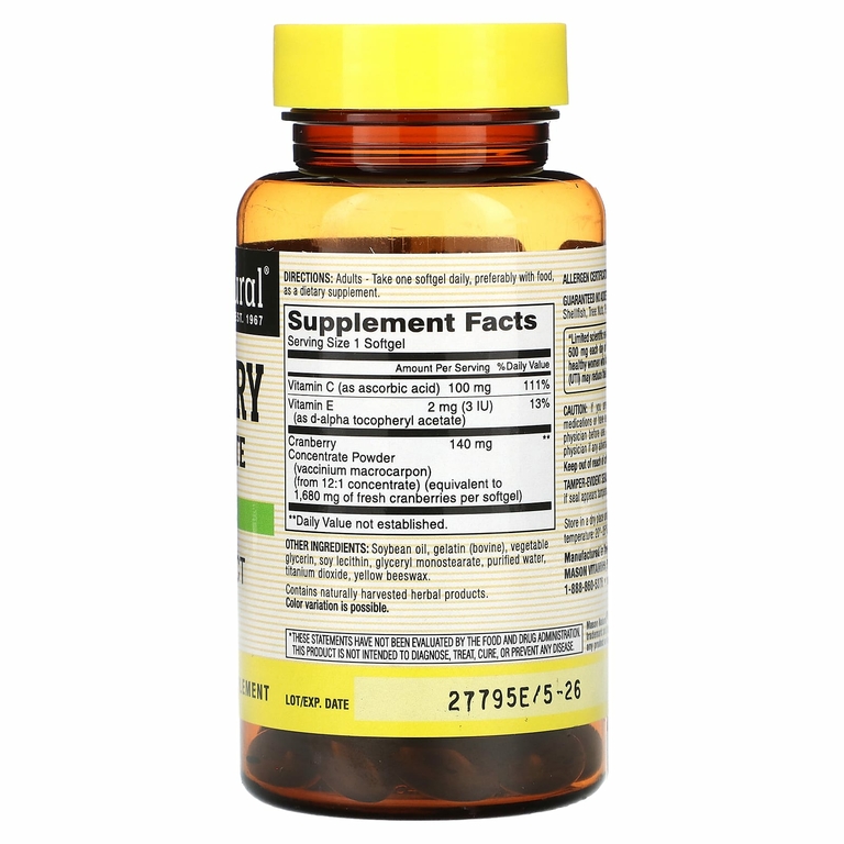 Mason Natural, Клюквенный концентрат, 90 мягких таблеток