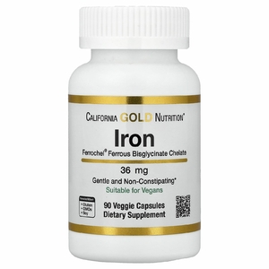 California Gold Nutrition, Ferrochel, железо (бисглицинат), 36 мг, 90 вегетарианских капсул