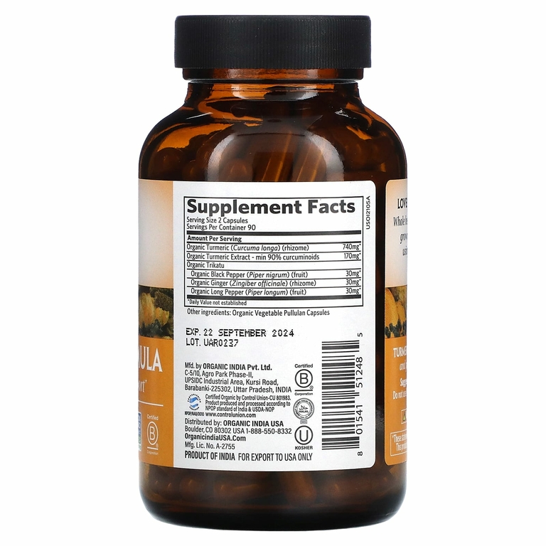 Organic India, Turmeric Formula, куркума, поддержка подвижности и здоровья суставов, 180 растительных капсул