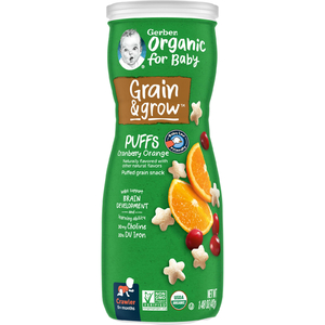 Gerber, Organic for Baby, Grain & Grow, Puffs, снек из воздушных злаков, для детей от 8 месяцев, клюква и апельсин, 42 г (1,48 унции) (Товар снят с продажи) 
