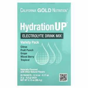 California Gold Nutrition, HydrationUP®, смесь для приготовления напитка с электролитами, с лактатом кальция, витаминами C и E, ассорти вкусов, 20 пакетиков по 4–4,8 г (0,14–0,17 унции)