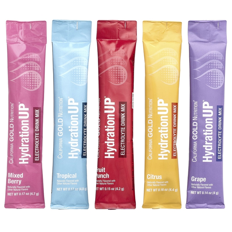 California Gold Nutrition, HydrationUP®, смесь для приготовления напитка с электролитами, с лактатом кальция, витаминами C и E, ассорти вкусов, 20 пакетиков по 4–4,8 г (0,14–0,17 унции)
