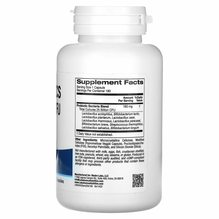 Lake Avenue Nutrition, пробиотики, смесь 10 штаммов, 25 млрд КОЕ, 180 растительных капсул