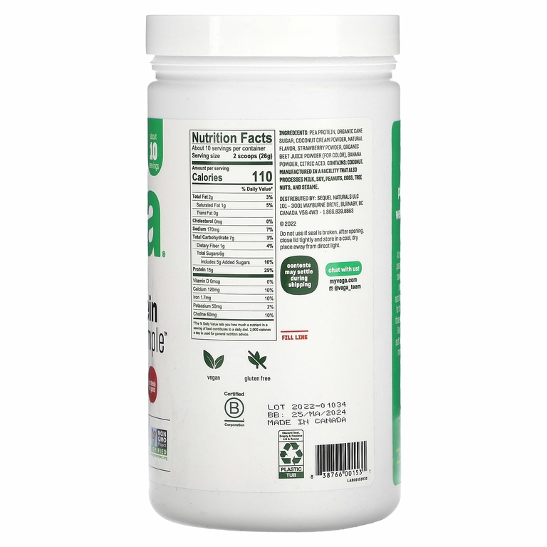 Vega, Plant-Based Protein Made Simple, клубника и банан, 263 г (9,3 унции) (Товар снят с продажи) 