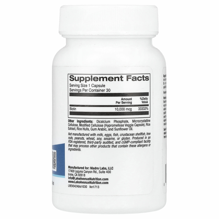 Lake Avenue Nutrition, Биотин, 10 000 мкг, 30 растительных капсул