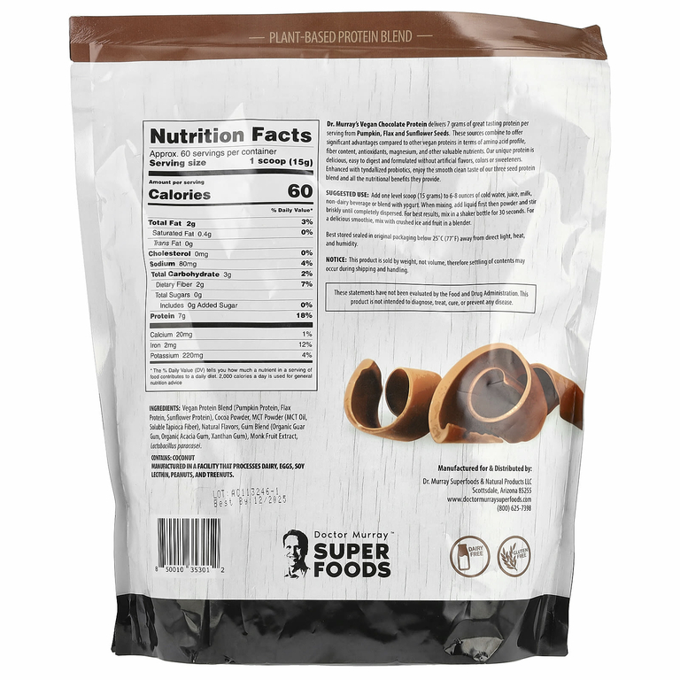 Dr. Murray's, Super Foods, порошок из 3 протеинов, тыква + лен + подсолнечник, шоколад, 908 г (2 фунта)