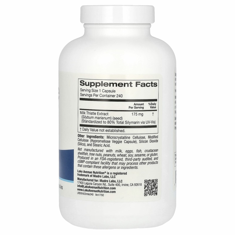 Lake Avenue Nutrition, экстракт расторопши, 175 мг, 240 растительных капсул